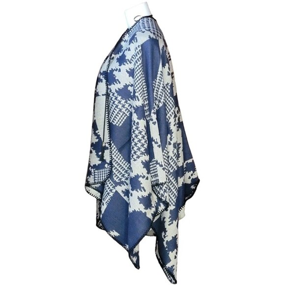 Marc New York Womens Poncho Wrap One Size Blue Beige Houndstooth Open Front - Picture 7 of 8